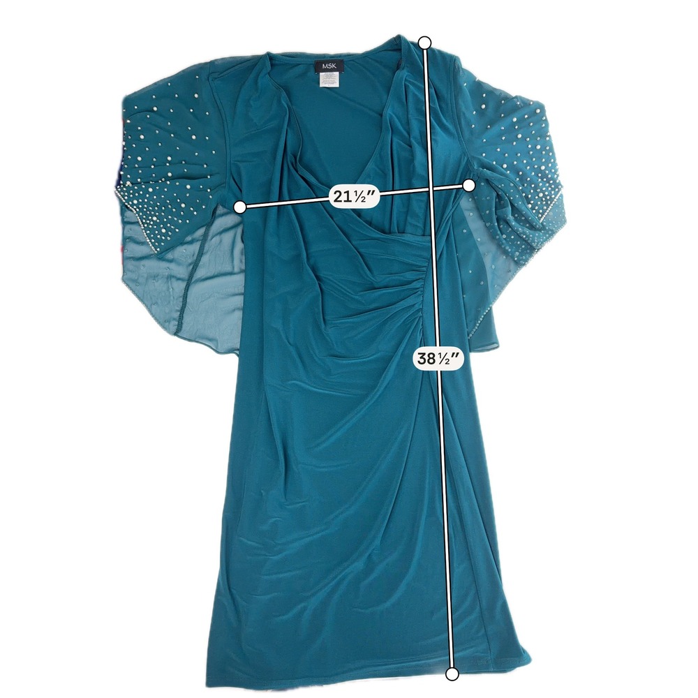 NWD MSK Neo Emerald Faux Wrap Cape Dress Embellished Pearl Sleeves Size Large - Picture 9 of 10